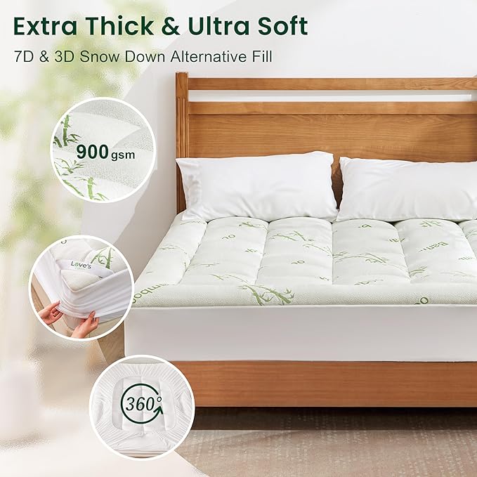 Love's cabin King Size Mattress Topper, Rayon Derived from Bamboo, 900 GSM Breathable Mattress Topper Pad, Thick Pillow Top Mattress Pad with 8"-20" Deep Pocket(78"x80"), Green