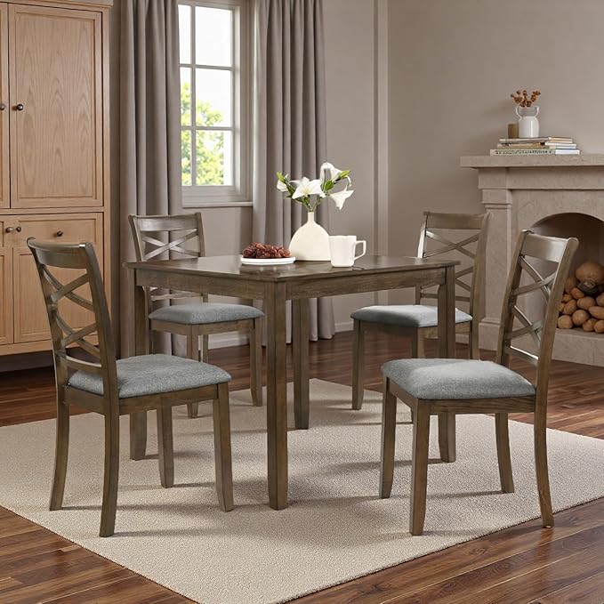 Dining Table Set, Wooden Kitchen Table Set with Square Table, 4 Flat X Backrest Upholstered Chairs, Table and Chairs with Non-Slip Feetmats for 4 People, Living Room and Kitchen, Walnut