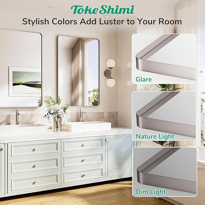 TokeShimi 42x36 Brushed Nickel Bathroom Mirror for Wall,Tempered Glass,Aluminum Framed Bathroom Vanity Mirror for Over Sink(Horizontal/Vertical)