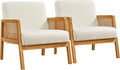 Yaheetech Boucle Fabric Accent Chair, Vintage Rattan Vanity Chair with Wood Armrest and Legs for Living Room Bedroom Makeup Room, Ivory, 2 pcs