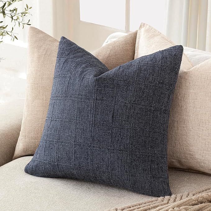Foindtower Set of 2 Decorative Linen Check Throw Pillow Covers Neutral Farmhouse Vintage Cushion Covers Modern Boho Home Decor for Sofa Chair Couch Bedroom Living Room Outdoor,26×26 Inch,Navy Blue