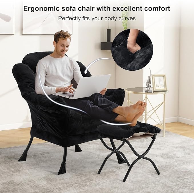 Fabric Lazy Chair with Ottoman, Oversized Upholstered Sofa Chair for Adults, Plush Comfy Lounge Chair with Large Side Storage Pocket, Reading Chair for Living Room, Bedroom, Study Room, Black