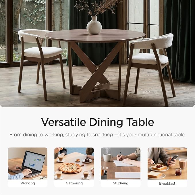 Acanva 47" Small Round Dining Table for 4 Person, MDF Top and Sturdy Wood Base Structure, Modern Design for Kitchen, Compact Space & Apartment, Walnut Brown