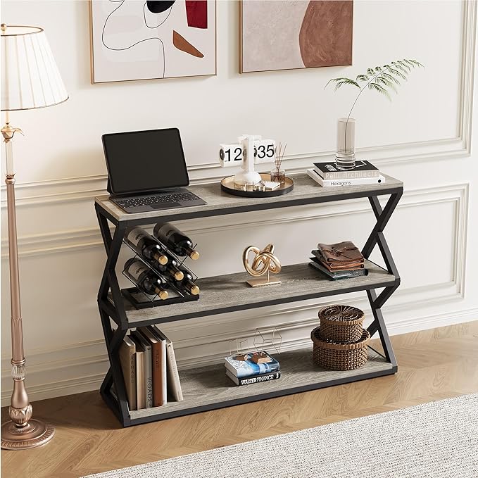 Industrial 3-Tier Console Table, Rustic Long Entryway Sofa Table with Storage Shelves, Light Gray TV Stand for Living Room & Hallway, Modern Farmhouse Decor (47.2 inch)