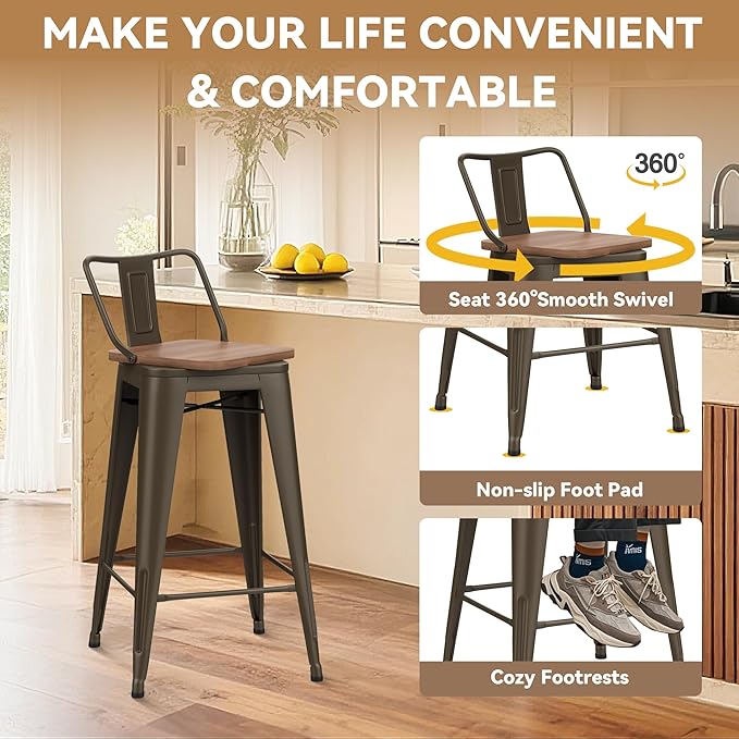 24 Inch Swivel Bar Stools Set of 4 with Backs Counter Height Industrial Metal Barstools Island Bar Chairs for Home Kitchen Dining Room (Swivel 24 inch,Rusty Wooden)