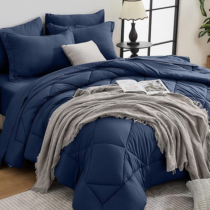 HEVUMYI Navy Blue Twin Comforter Set - 5-Piece All Season Bed in a Bag Twin, Ultra Soft Bedding Set with Comforter, Flat Sheet, Fitted Sheet, Pillowcases, Pillow Shams, Navy Blue