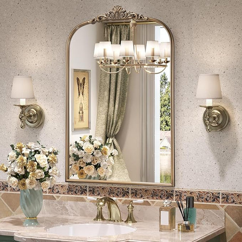 24" x 36" Antique Gold Arched Mirror for Wall, Vintage Brass Bathroom Mirror with Metal Frame, Bronze Ornate Gold Vanity Mirror for Entryway, Mantel, Powder Room