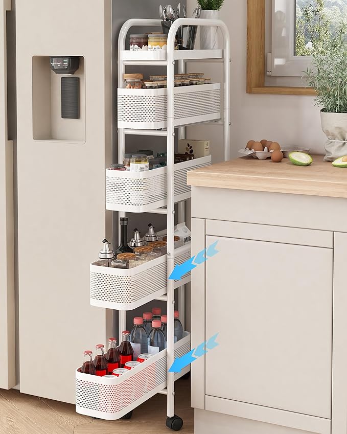 UMDONX Slim Storage Cart 5 Tier with Pull Out Basket Bathroom Organizer Rolling cart, Rolling Utility Cart Slide Out Organizer for Kitchen, Bathroom, Laundry White