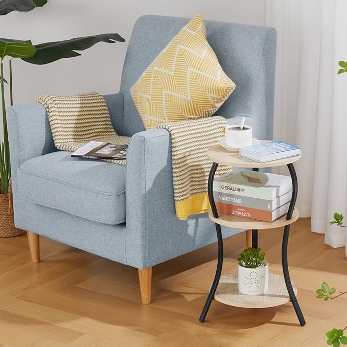 Vintage Small Round Side Table, 3-Tier Slim Waist Circular End Table with Storage Shelf, Compact Tea Sofa Side Table, Round Corner Coffee Table Nightstand for Living Room Bedroom Small Spaces,Oak
