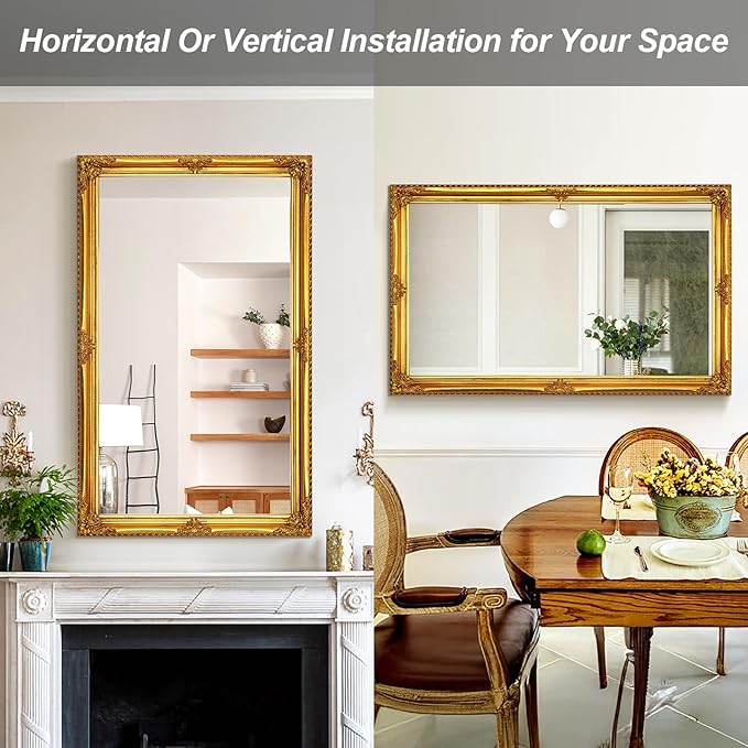 Vintage Wall Mirror, 31" x 19" Decorative Antique Mirror for Bathroom, Entryway, Bedroom with Gold Ornate Baroque Wood Frame