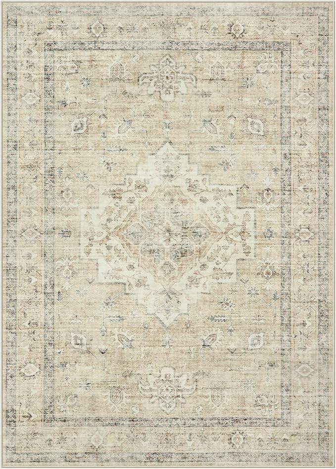 LIVEBOX Washable Area Rug 10x14 Rugs for Living Room Bedroom, Non-Slip Boho Neutral Carpet for Dining Room Office, Low-Pile Farmhouse Soft Carpets for Kids Nursery Room Playroom, Tan