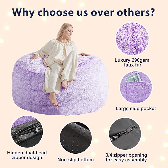 5FT Bean Bag Cover for Stuffed Animals Machine Washable, Gaming Bean Bag Chairs for Adults Teens Girls, Lovely Cute Bean Bag Storage Stuffed Animal, Purple