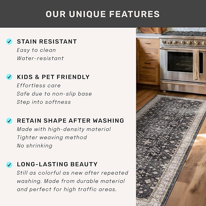 Black Washable 8ft Long Runners for Hallways, 3x8 Kitchen Runner Rug, Entryway Indoor Runner, Non Slip Boho Vintage Floor Décor for High Traffic Area