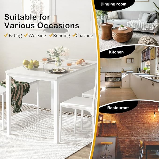 soges 4 Person Dining Table Set,43.3 inch Kitchen Table Set for 4,2 Chairs with Backrest,2-Person Bench with Storage, White Rack,Nesting Furniture Set for Dining Room and Restaurant, White