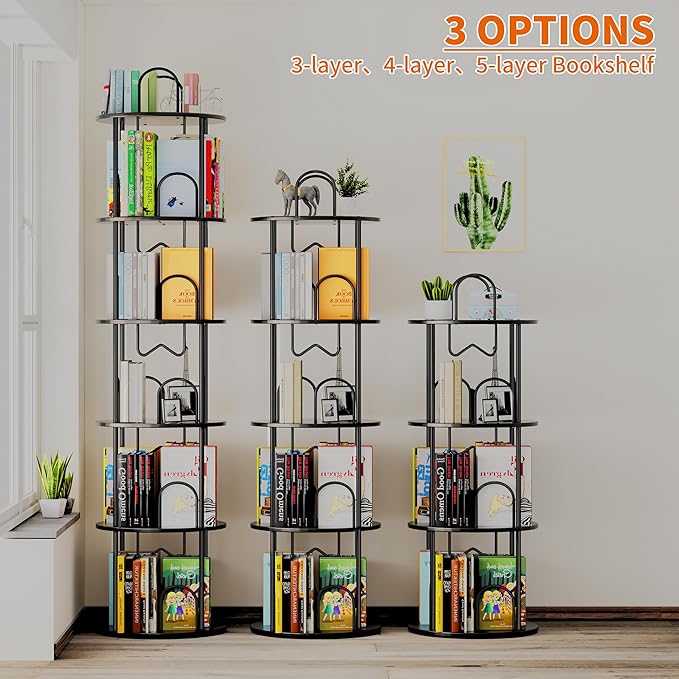 4 Tier Rotating Bookshelf, 360° Spinning Bookshelf Tower, Round Narrow Space Saving for Books and Display, Revolving Bookcase Corner Tall Book Shelf for Small Spaces, Bedroom, Living Room, Black