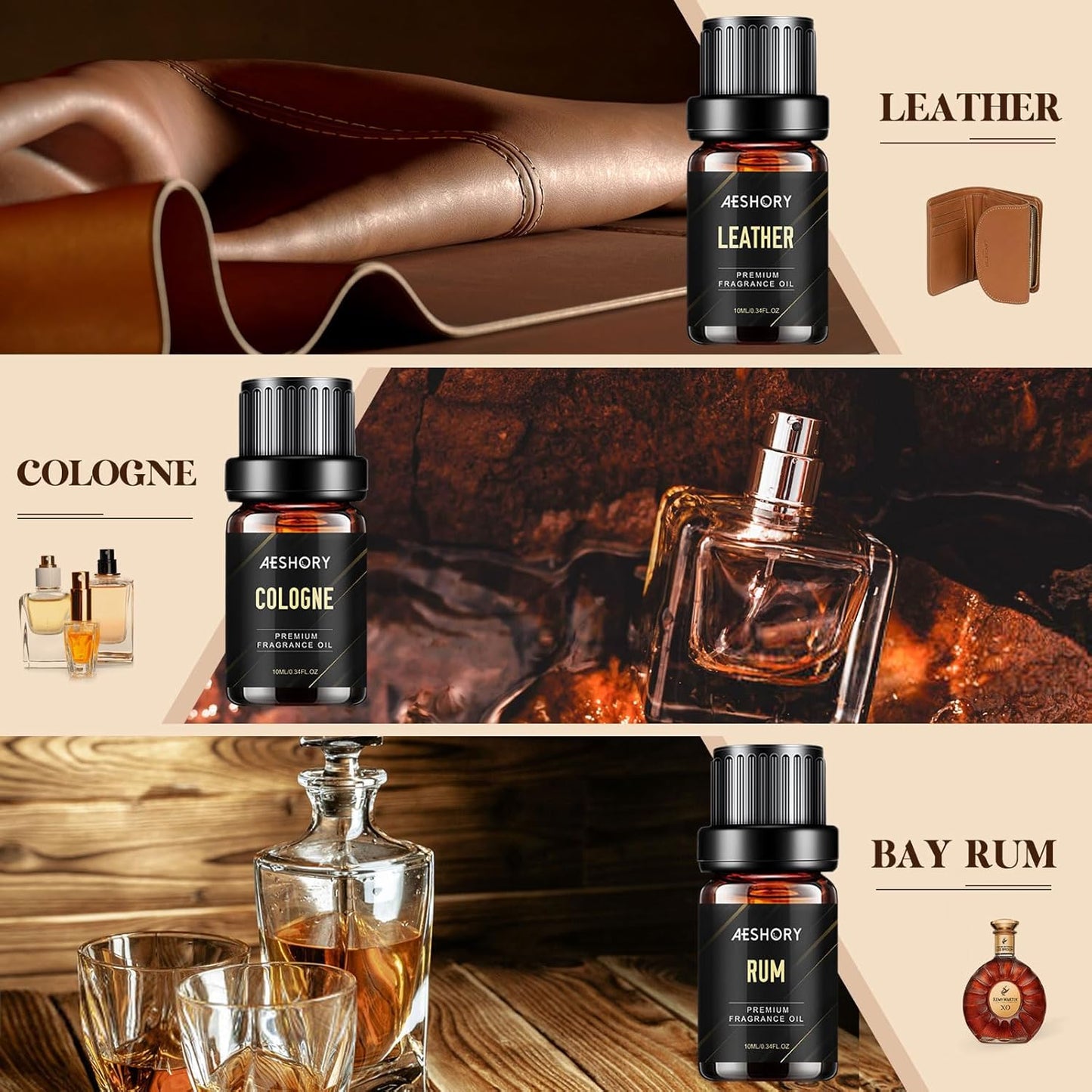 Gentlemen's Essential Oils Set - 6x10ML Mens Fragrance Oil for Candle Making, Diffuser - Sandalwood, Cedar, Leather, Sweet Tobacco, Bay Rum, Cologne Aromatherapy Oils for Men