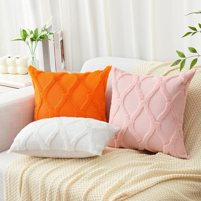 decorUhome Throw Pillow Covers 16x16 Inch Set of 2, Soft Plush Faux Fur Wool Light Pink Couch Pillow Covers, Decorative Neutral Pillow Cases for Bed Sofa Living Room Home Decor