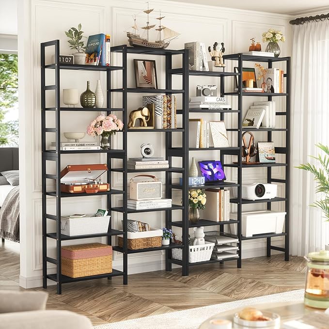 Homykic Double Wide Bamboo Bookshelf Black, 6-Tier Large Open Bookcase with 12 Display Shelves, 6ft Tall Freestanding Book Shelf for Home Office, Bedroom, Living Room, Plants
