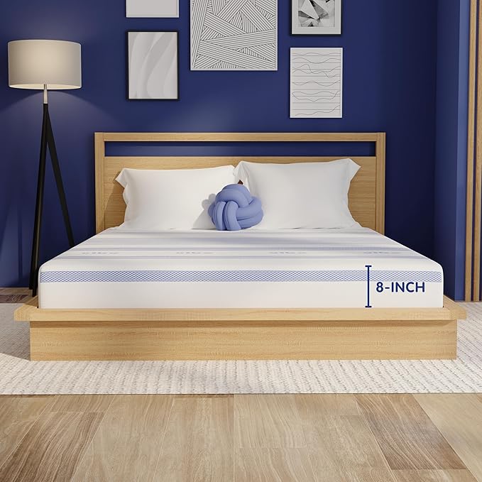 Vibe Gel Memory Foam Mattress, Fiberglass Free 8-Inch CertiPUR-US Certified Bed-in-a-Box, Queen, White