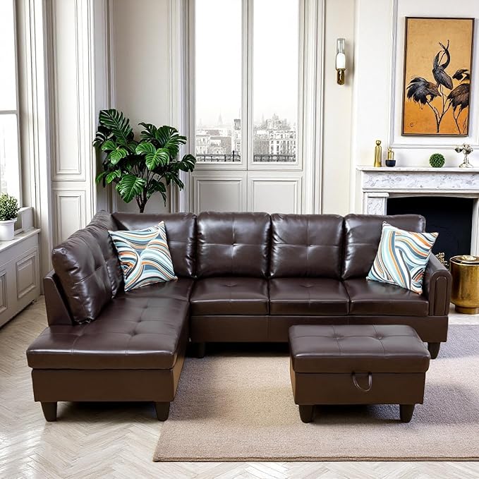 Modern Living Room Furniture Sets with Pillows, Modular Sectional Couches with Chaise Lounge, 4-Seaters L Shape Sofa with Storage Ottoman, for Living Room, Faux Leather, Brown