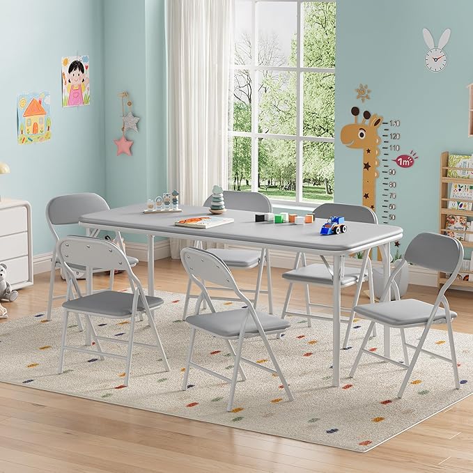 GarveeHome 7-Piece Kids Folding Table and Chairs Set, Toddlers Children's Activity Table and Chairs Set for Dining Room,Daycare,Classrooms