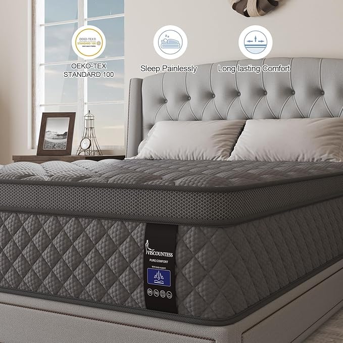 Queen Mattress, 12 Inch Hybrid Mattresses Grey, Euro Top Medium Firm for Back & Lumbar Support, 100 Night Trial, Individual Pocket Spring for Motion Isolation & Pressure Relief