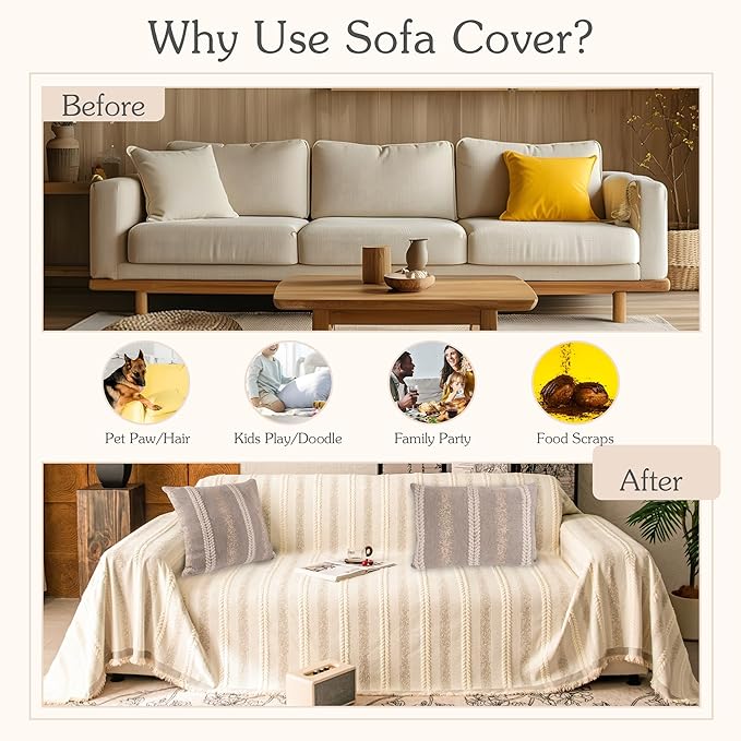 Couch Cover for Dogs Washable Sofa Cover, Sectional Couch Covers, Sofa Covers for 2 Cushion Couch, Non Slip Stripe Sofa Slipcovers Furniture Protector, Couch Protector from Cat Claws, Beige,75''x102''