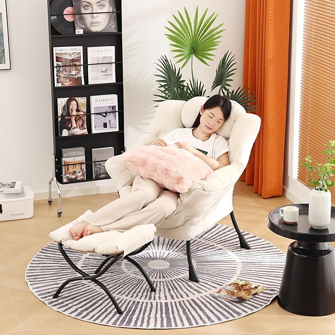 Lazy Chair with Ottoman, Modern Lounge Accent Chair with Armrests and a Throw Pillow, Leisure Sofa Chair Set, Reading Chair with Footrest for Living Room, Bedroom, Dorm Room, Office, Beige