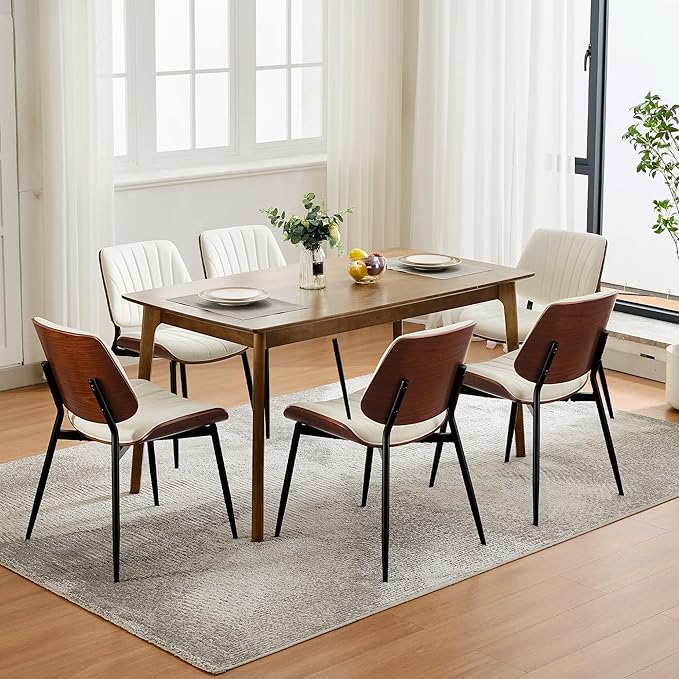 Dining Chairs Set of 2 - Mid Century Modern Upholstered Retro PU Leather Kitchen Chairs with Walnut Bentwood Back and Metal Legs for Dining Room and Kitchen, White Shell Strips