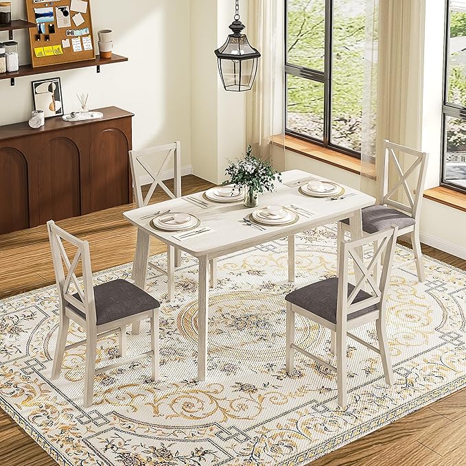 47'' Solid Wood Dining Table for 4-6, Farmhouse Kitchen Table for Kitchen, Dining Room, Restaurant, Natural Eco-Friendly, Washed Gray