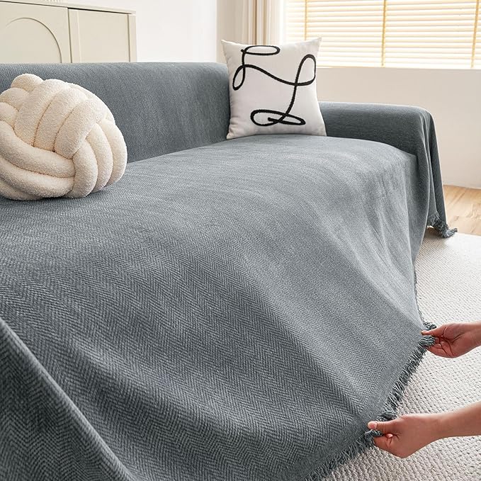 hyha Couch Cover for Dogs, Boho Sofa Covers for 3 Cushion Couch Washable, Chenille Sofa Slipcover for Pets, Soft Loveseat Sectional Couch Throw Blankets with Tassels (Grey, 71x150 Inch)