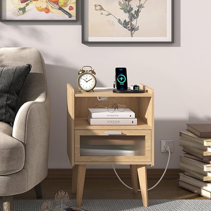 Nightstand with Charging Station, Bedside Tables with Glass Decorative Door, Natural End Table, Side Table with 2 Tiers Storage Space for Bedroom Living Room CAMLBZ07YE