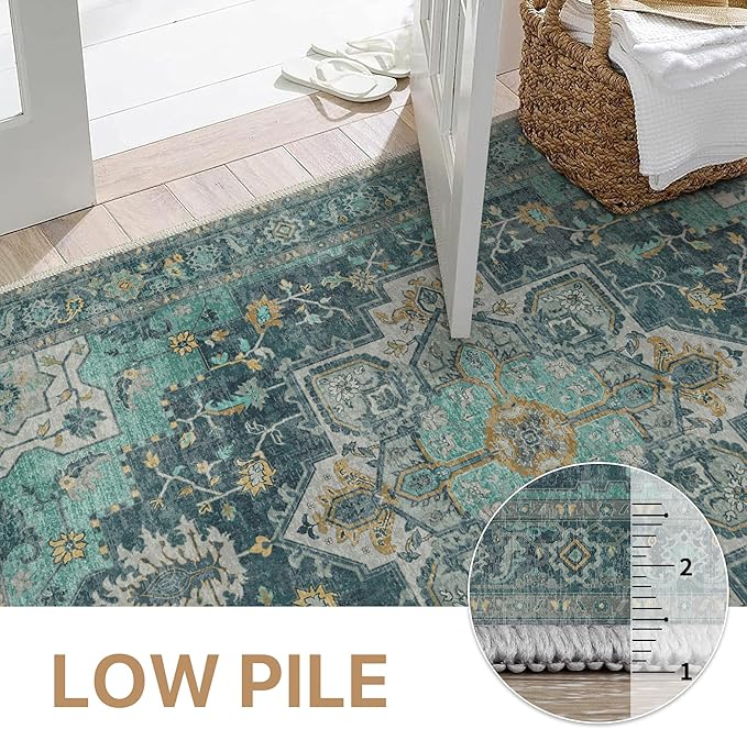 GENIMO 10x12 Area Rugs for Living Room, Machine Washable Non Slip Vintage Rugs, Low Pile Lightweight Chenille Print Rug for Bedroom, Dining Room, Home Office, Dark Green