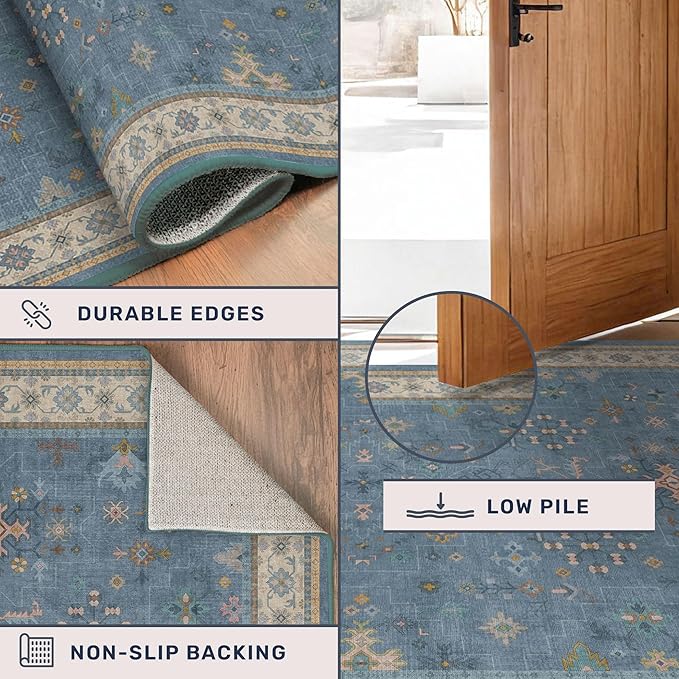 5x7 Rug for Living Room, Boho 5 x 7 Area Rugs Colorful Blue Modern Eclectic Low-Pile Carpet for Bedroom, Dining Table, Nursery, Washable Non-Slip with Rubber Back