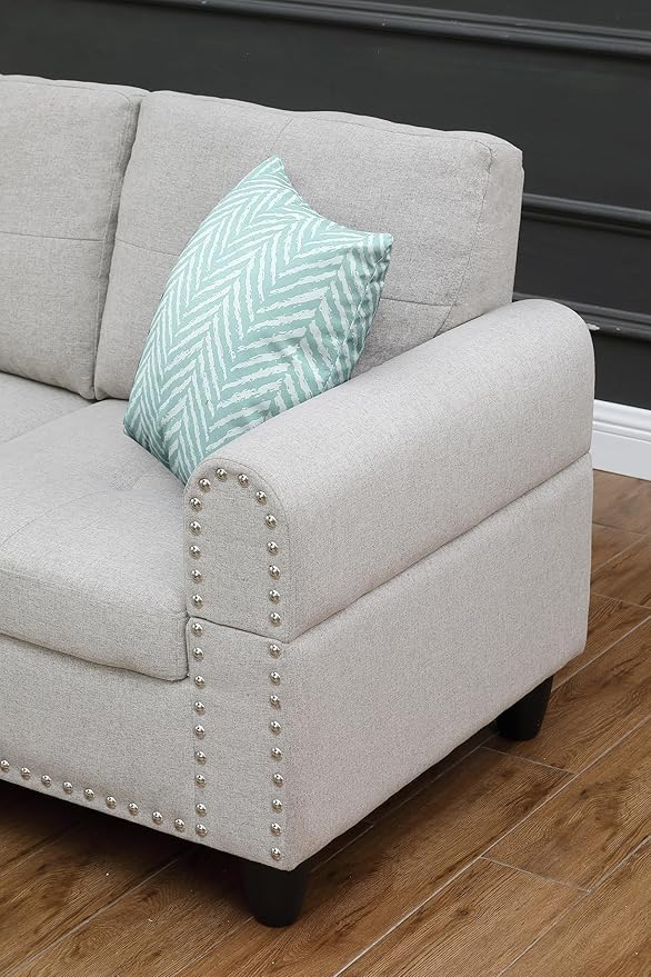 Ball & Cast 98" L Shaped Sectional Couch for Living Room with Chaise & Nailhead Trim,4 Seat Linen Upholstered Modular Sectional Sofa Set 2 PCS W/Cup Holders and 2 Pillows for Home,Office,Light Gray