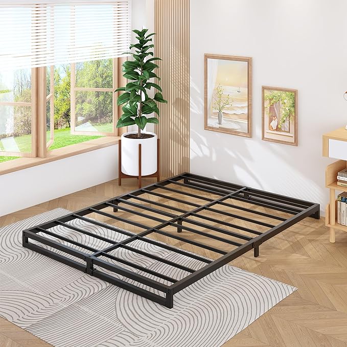 6 Inch Bed Frame Queen Size Heavy Duty Steel Slat Support Metal Platform Queen Bed Frame No Box Spring Needed, Easy Assembly, Black