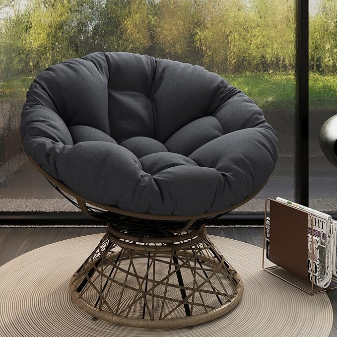 Ball & Cast Ergonomic Wicker Chair with Cloud Thick Density Fabric Cushion,Accent Chair W/ 360 Degree Swivel,Sturdy Metal Frame,Height Adjustable,for Reading,Living Room Bedroom,Lounge,Brown+Black