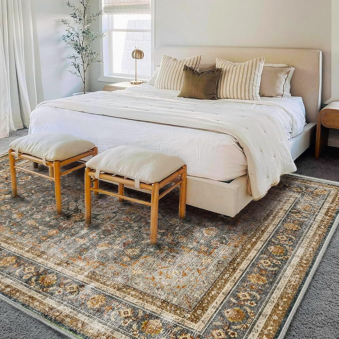 Washable Area Rug 9'x12' Retro Boho Design Non-Shedding Easy Care Ideal for High Traffic Areas in Living Room Bedroom Office Coffee Table Kitchen Large Carpet