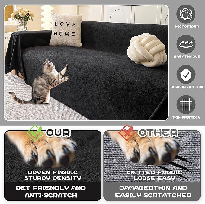 MYSKY HOME Black Couch Covers for Sectional Sofa, Couch Cover L Shape Couch Covers for Dogs Washable Couch Cover Banket Modern Sofa Slipcovers, Super Soft Sofa Towel for Kids, Pets, 71" x 134"