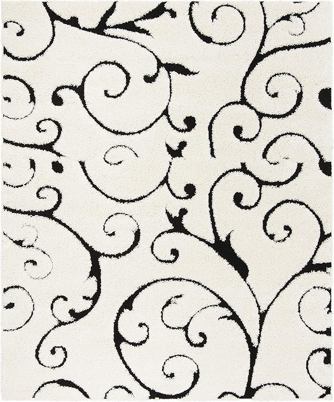 SAFAVIEH Florida Shag Collection Area Rug - 6'7" Square, Ivory & Black, Scroll Design, Non-Shedding & Easy Care, 1.2-inch Thick Ideal for High Traffic Areas in Living Room, Bedroom (SG455-1290)