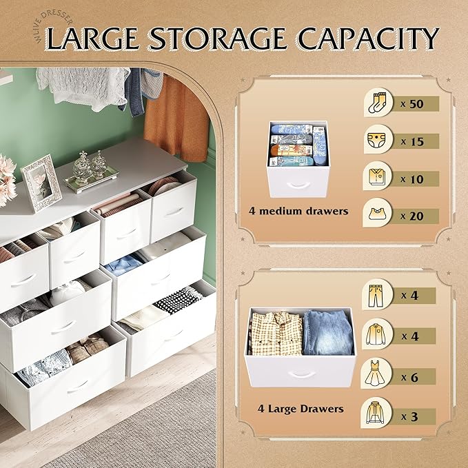 WLIVE Dresser for Bedroom with 8 Drawers, Wide Fabric Dresser for Storage and Organization, Bedroom Dressers, Chest of Drawers for Living Room, Closet, Hallway, White