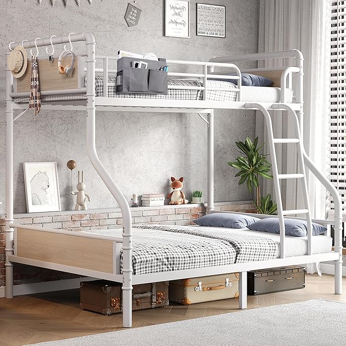 Metal Bunk Bed Twin Over Full, Industrial Bunkbeds Heavy Duty Bed with Safety Guard Rails and Space-Saving Design, Steel Bed for School, Bedroom (White)