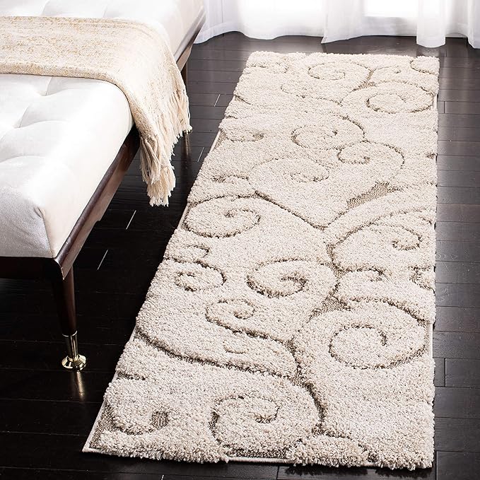 SAFAVIEH Florida Shag Collection Runner Rug - 2'3" x 11', Cream & Beige, Scroll Design, Non-Shedding & Easy Care, 1.2-inch Thick Ideal for High Traffic Areas in Living Room, Bedroom (SG455-1113)