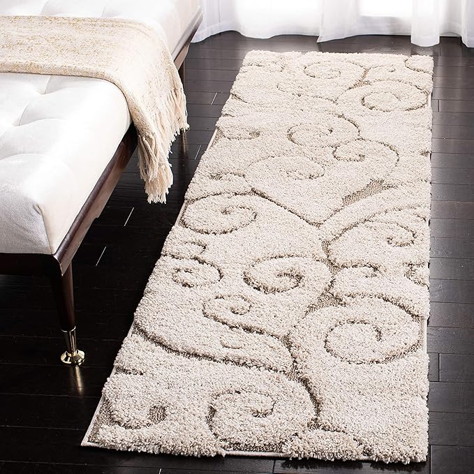 SAFAVIEH Florida Shag Collection Runner Rug - 2'3" x 13', Cream & Beige, Scroll Design, Non-Shedding & Easy Care, 1.2-inch Thick Ideal for High Traffic Areas in Living Room, Bedroom (SG455-1113)