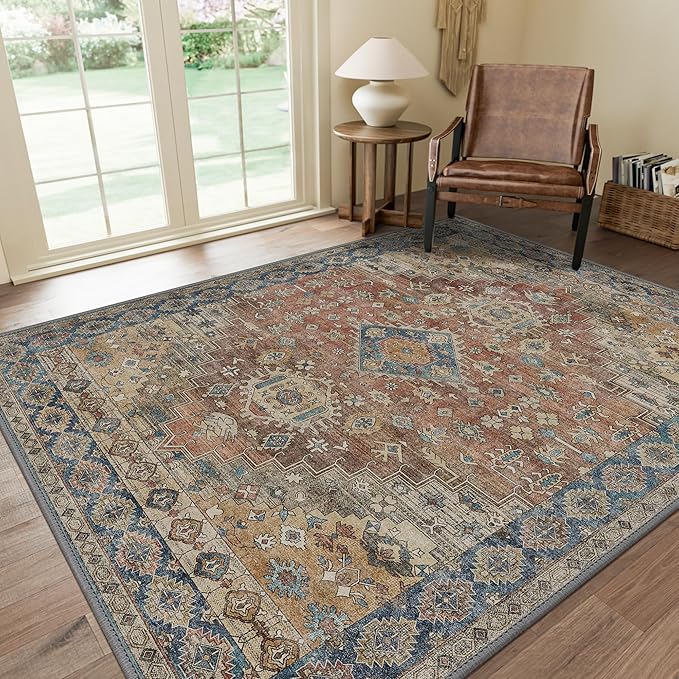 GENIMO 6x9 Area Rugs for Living Room, Machine Washable Non Slip Vintage Rugs, Low Pile Lightweight Chenille Print Rug for Bedroom, Dining Room, Home Office, Antique Red