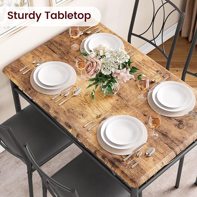 IDEALHOUSE Dining Table Set for 4, 5 Piece Dining Table Set with 4 Upholstered Chairs, Rectangular Dining Room Table Set of 4 for Small Space, Apartment, Retro Brown