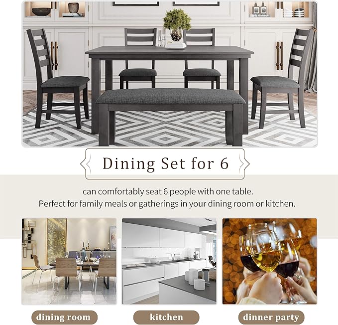 Ball & Cast 6 Piece Dining Table Set with 4 Upholstered Chairs and 1 Bench,Wooden Living Room Furniture W/ 60" Rectangle Kitchen Desk,for Restaurant,Home Bistro,Gray