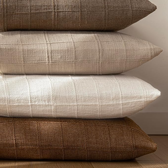 Foindtower Set of 2 Decorative Linen Check Throw Pillow Covers Neutral Farmhouse Vintage Cushion Covers Modern Boho Home Decor for Sofa Chair Couch Bedroom Living Room Outdoor,24×24 Inch,Cream White