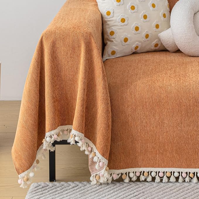 HANDONTIME Dark Orange Sofa Covers Couch Cover for Dogs Colorful Tassel Sofa Seat Cover Lovetseat Cover Pet Couch Cover Bohemian Sofa Cover for Couch Vintage Boho Couch Covers Futon Cover, 91" X150"