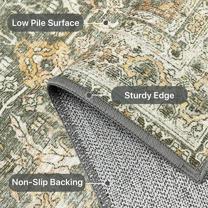 9X12 Area Rugs Machine Washable Rugs for Living Room, Vintage Boho Large Rugs for Bedroom Dining Room, Non Slip Indoor Soft Distressed Lightweight Thin Low Pile Carpet, Turmeric
